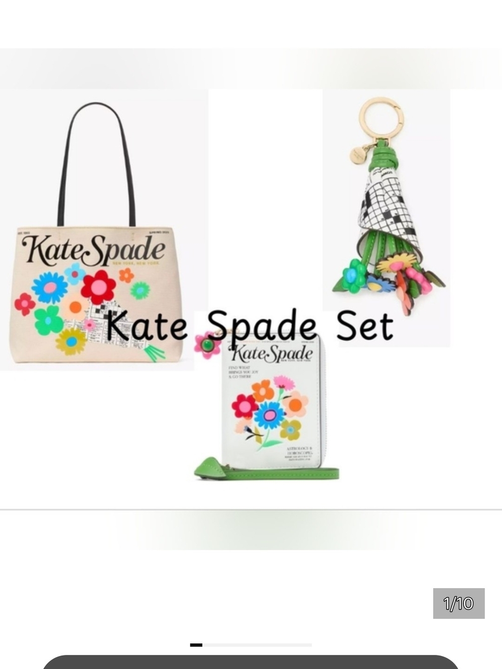 kate spade Cream Floral Tote, White Floral Wallet & Green Tassel Charm